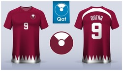 Set of soccer jersey or football kit template design for Qatar national football team. Front and back view soccer uniform. Red Football t shirt mock up with flat logo. Vector Illustration
