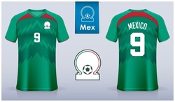 Set of soccer jersey or football kit template design for Mexico national football team. Front and back view soccer uniform. Mexico football t shirt mock up with flat logo. Vector Illustration