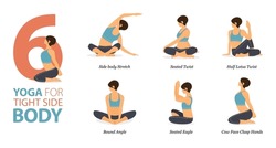 Infographic 6 Yoga poses for workout at home in concept of tight side body in flat design. Women exercising for body stretching. Yoga posture or asana for fitness infographic. Flat Cartoon Vector.