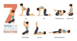 Infographic 7 Yoga poses for workout at home in concept of de-stress routine in flat design. Women exercising for body stretching. Yoga posture or asana for fitness infographic. Flat Cartoon Vector.