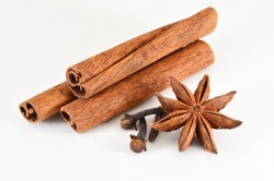 Cinnamon, anise star and buds cloves on a white background