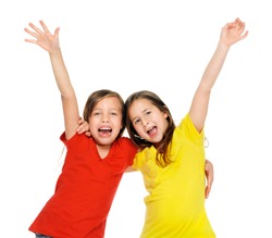 cute adorable children having fun together with bright colorful t-shirts isolated on white background