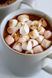 Close up of hot chocolate cocoa drink, comforting cozy delicious topped with roasted toasted marshmallows
