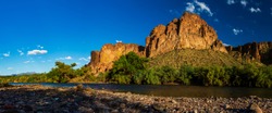 Wide Angle view along Salt River near Phoenix, AZ with Four Peaks in distance