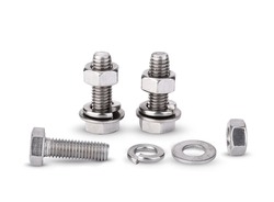 Hex bolt nut and washer on white background.