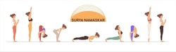 Yoga woman vector illustration. Sun Sautation yoga poses set, eps 10