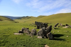Deer stone monuments and square graves of Temeen Chuluu, Mongolia