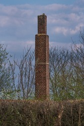 A tall brick chimney juts out from behind a hedge in spring.