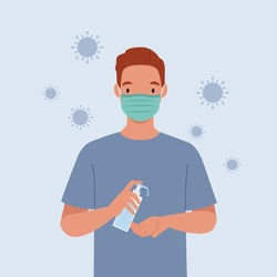 Young man wear masks Use alcohol antiseptic gel to clean hands and prevent germs. Vector illustration in a flat style