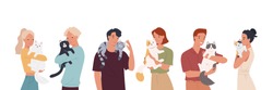 People and their cats isolated on white background. Set of portraits of adorable pet owners and cute domestic animals. Vector illustration in a flat style