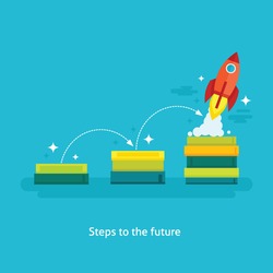 Flat design vector illustration of launching rocket, concept for significance of education, power of knowledge, steps to successful career, personal development isolated on bright background 