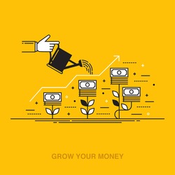 Thin line flat design vector illustration of a hand watering money plants, concept for making money, investment, getting profit, financial management, business growth isolated on bright background