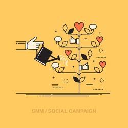 Thin line colorful vector illustration of a hand watering tree consisted of social media symbols, concept for social media marketing, engaging with followers isolated on bright background
