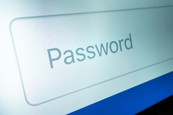 log In or Sign Up password field on computer screen. place to enter a password for authorization on a website, access to personal account, social networks, e-mail, online banking service. very close