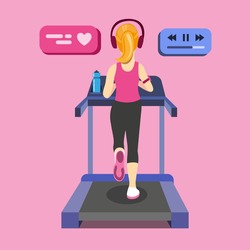 young woman running on treadmill. from back view with modern sport equipment, sports water bottle. Cartoon Flat Vector illustration.
