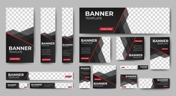 set of creative web banners of standard size with a place for photos. Gradient black. Business ad banner. Vertical, horizontal and square template.