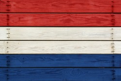 Flag of Dutch Painted on Wooden Planks.  White, Blue And Red Colors.