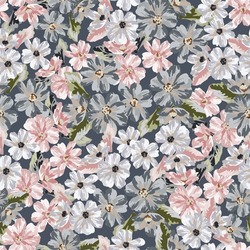 Ditsy spring or summer meadow seamless pattern. Plant background for fashion, wallpapers, wedding, print. Gray, silver, pink, flowers on charcoal. Liberty style floral. Trendy floral design