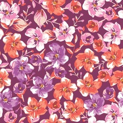 Blooming spring or summer meadow seamless pattern. Plant background for fashion, wallpapers, print. Purple, orange, pink flowers on violet. Liberty style floral. Trendy floral design