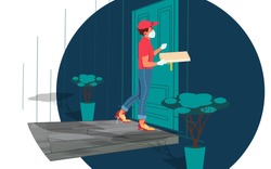 Vector illustration of a masked pizza delivery guy holding a box of pizza in one box