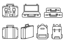 Luggage icons set and collection. Backpack, handbag, suitcase, briefcase, messenger bag, trolley, travel bag. thin line icons. Editable stroke icon. Vector illustration
