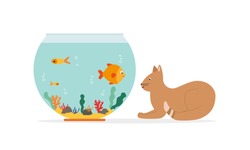 Goldfish is in fishbowl. Aquarium with swimming gold exotic fish. Underwater aquarium habitat with sea plants. Flat vector drawn illustration, isolated objects.