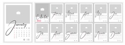 Wall Monthly Photo Calendar 2022. Simple monthly vertical photo calendar Layout for 2022 year in English. Cover Calendar, 12 months templates. Week starts from Sunday. Vector illustration