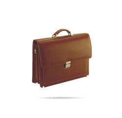 Brown leather briefcase isolated on white background. Large size leather bag.
