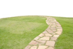 Stone block walk path european style with curve and slope green grass isolated on white background