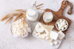 Fresh dairy products (milk, kefir, feta, cottage cheese, Mozzarella).Symbols of jewish holiday - Shavuot	
