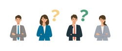 Thinking businessman and woman in suits. Different people poses set. Isolated vector illustration icons set in flat style. 