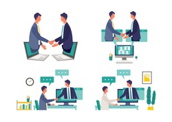 Online business talk concept. Vector illustration of people having communication via telecommuting system. Concept for Business talk. Flat design vector illustration of teleworking people.

