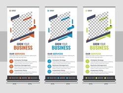 Banner roll-up, stand vector, graphic template for exhibition, conference, accommodation advertising information and photos. Business concept, vector background.