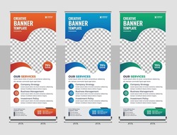 Corporate rollup banner, pull up, business flyer, display, x-banner, and flag-banner Set. Banner roll-up, stand vector, graphic template for exhibition, conference, accommodation advertising