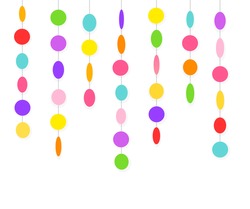 Vector flat greeting card circle garland and confetti with shadow. Elements for design on white background. Yellow, orange, red, pink, purple, violet, blue, green colors.