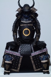 samurai armor, with bull horns and a white background