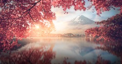 Fuji japan,mountain landscape,Fujisan mountain reflection on water with sunrise at kawaguchiko lake snow landscape,Japan autumn season located on Honshu Island, is the highest mountain in Japan