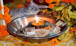 Akhand Jyoti - Pious Indian flame or lamp used during aarti  (Hindu ritual of worship) at a temple in India 
