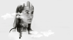 Double exposure concept with business woman, Portrait of attractive woman looking on future, Space for your business message
