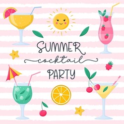 Summer cocktail party. A square postcard with different beach drinks with a straw and fruits, berries. A template for media with summer seasonal elements. Vector illustration in a flat cartoon style.