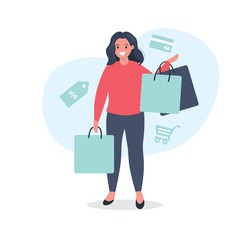 Female character with paper bags with thinhgs she bought at the store. Flat vector illustration.