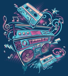Tape recorder boom box, audio cassetets and musical notes, colorful hand drawn music design