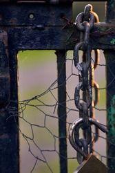 Metal fence with peeling paint and old chains with closed padlock hanging
