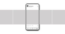 Carousel interface post on social network. Mock up of smartphone. Mobile application on the screen of realistic phone. Vector illustration on white background.