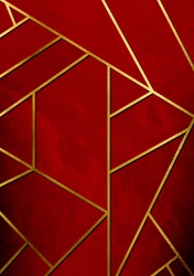 Modern and stylish abstract design poster with golden lines and red geometric pattern.