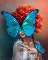Surreal portrait of a woman with butterflies and peony flower. Interior photo art in art deco style. Beautiful surrealistic art picture with blue, orange, green color. Mixed media.