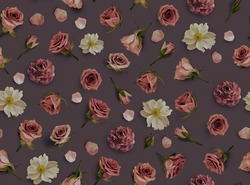 Vintage Floral pattern made of beige flowers and rosebuds. Flat lay, top view. Valentines background. Dark background. Seamless pattern of flowers. Flowers pattern texture. Happy Mothers Day.