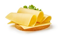 Cheese slices with salad leaf on piece of bread. Sandwich isolated on white background.