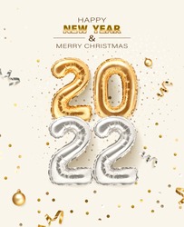 2022 golden decoration holiday on beige background. Shiny party background. Gold foil balloons numeral 2022 with realistic festive objects, glitter gold confetti and serpentine. Happy new year