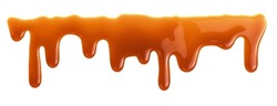 Dripping caramel drops of sweet sauce isolated on white background. Melted caramel sauce